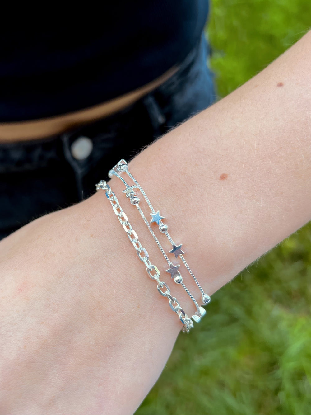 Pulsera Aurora Doble Estrellas Baño Plata